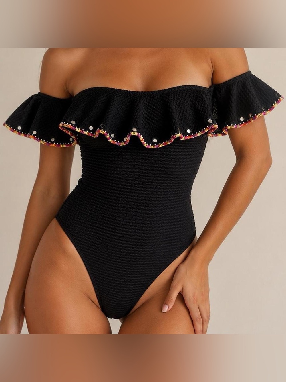 Ondademar Black Off Shoulder One Piece Swimsuit Flutter Sleeve Large Resort Boho